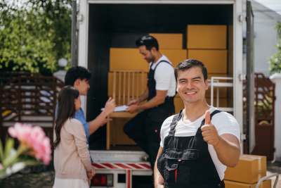 A mover giving a thumbs up while a client signs paperwork with another mover in the background in front of a full move truck in Fillmore, MO