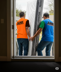 2 heaul yeah employees carrying a mattress out of a front door in Fillmore, MO