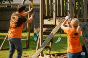 2 haul yeah employees dismantling a play set in Whiting, KS