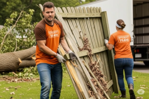 2 haul yeah employees removing a fence in Rulo, NE
