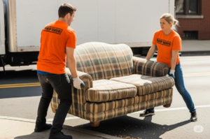 2 haul yeah employees picking a couch up off a curb in Severance, KS