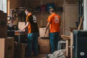 2 haul yeah employees packing boxes in an unfinished room in Severance, KS