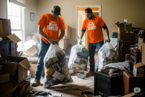 Two Haul Yeah Employees Bagging up trash in a hoarder's house in Morrill, KS