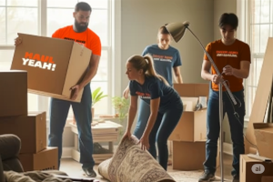  4 Haul yeah employees rearranging boxes and furniture in a living room in Julian, NE