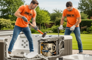 2 employees demolishing a hot tub with sledges in Julian, NE