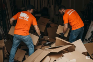 2 Haul Yeah employees removing card board from a garage in Goff, KS